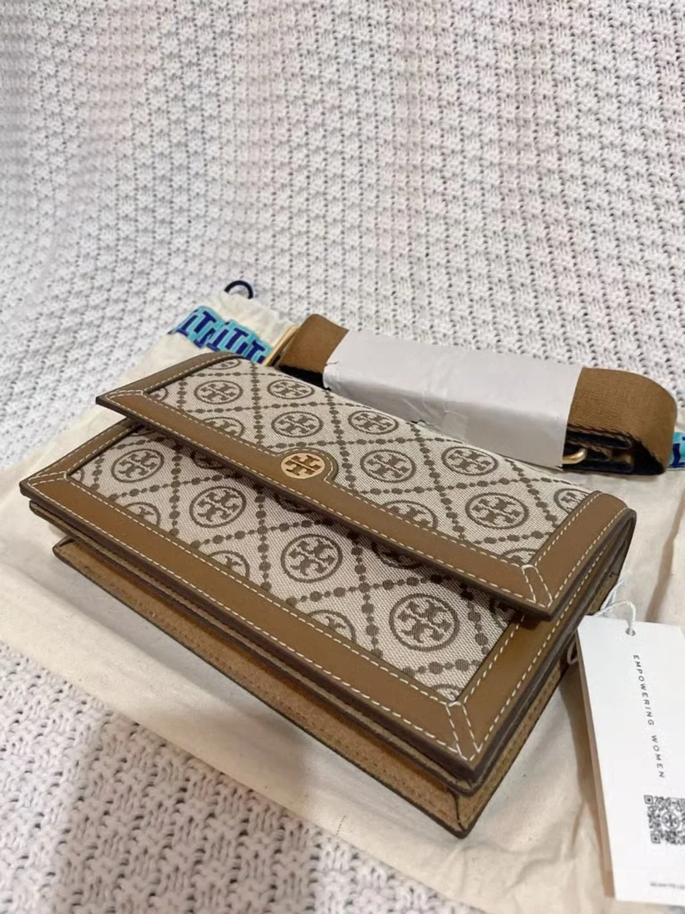 Tory Burch Beige and Brown Logo-Print Crossbody Wallet